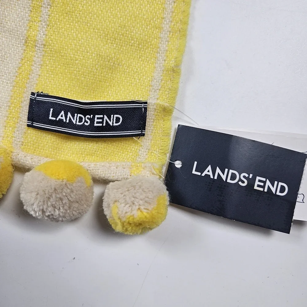 Lands End Womens Yellow wool Blend Oblong Scarf Striped Pom Pom Trim New 72
